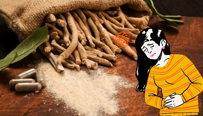 Image of Ashwagandha herbs and a woman - The herb supplements are natural remedy for PCOS symptoms management