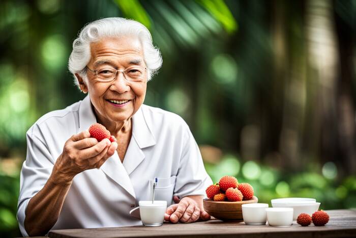 The post image 'Can Diabetics Enjoy Litchi?' shows a woman enjoying litchi on her dining table.