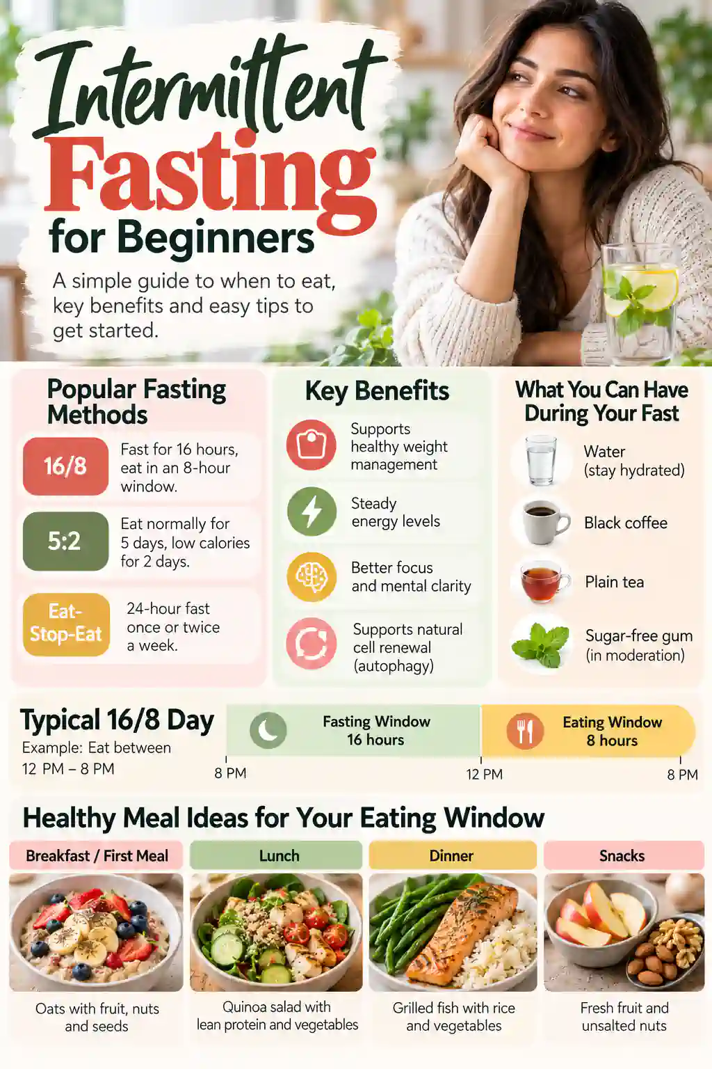 Intermittent fasting for beginners infographic showing popular fasting methods including 16:8, 5:2, and Eat-Stop-Eat, along with fasting-friendly drinks, a typical 16:8 schedule, and balanced meal ideas such as oats, salads, grilled fish, fruit, nuts, and vegetables.