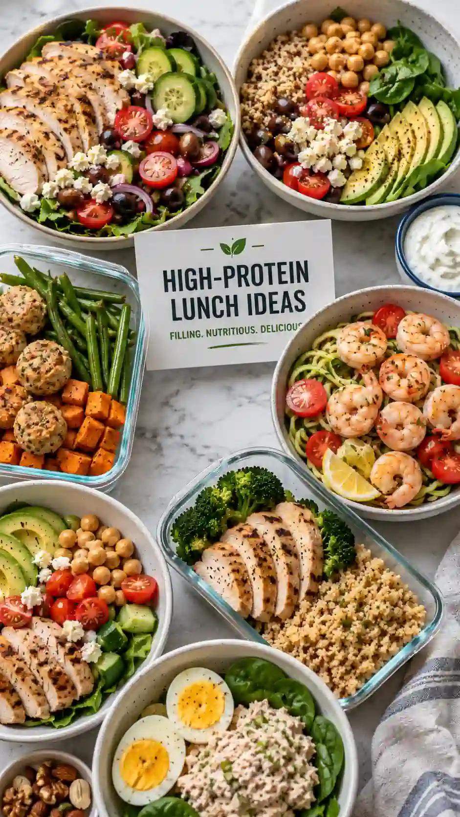 High-protein lunch spread with chicken salads, shrimp zucchini noodles, turkey meatballs, chickpea bowls, and meal-prep containers.
