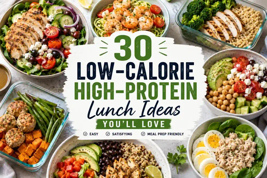 30 low-calorie high-protein lunch ideas featuring chicken, shrimp, vegetables, chickpeas, turkey meatballs, and healthy meal-prep bowls.