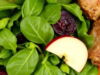 Image of spinach, sliced apples, beet root, carrot and meat