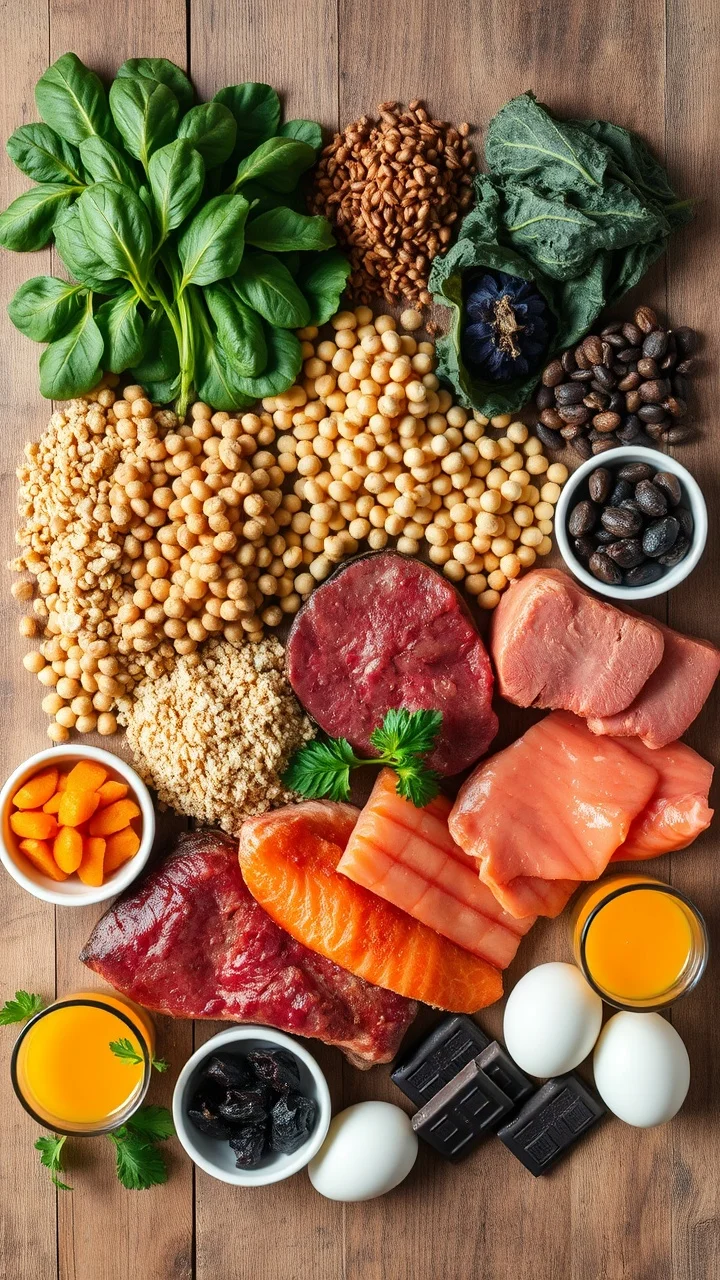 A neatly arranged flat lay of iron-rich foods on a rustic wooden table. Include spinach leaves, kale, lentils, chickpeas, kidney beans, pumpkin seeds, quinoa, tofu, beef steak, chicken liver, salmon, sardines, oysters, and boiled eggs. Add small bowls of dried apricots, raisins, prunes, and dark chocolate squares. Fresh parsley garnish and a glass of orange juice on the side to emphasize vitamin C for iron absorption. Natural lighting, vibrant colors, high detail, no labels.