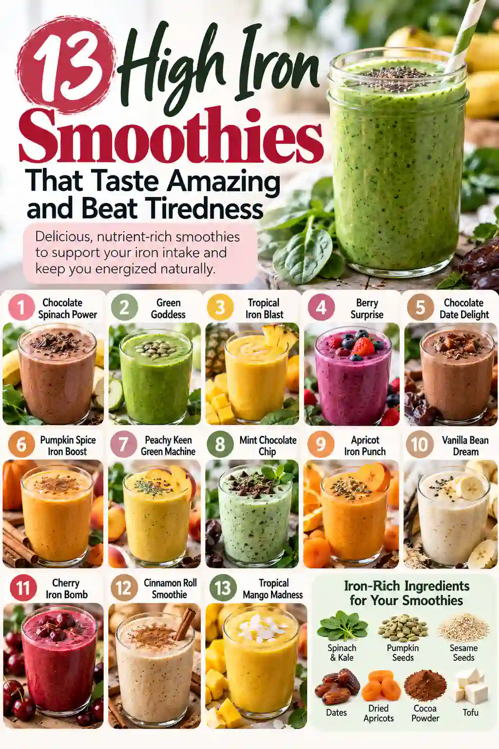 13 high-iron smoothie ideas, including chocolate spinach, green goddess, tropical, berry, date, pumpkin spice, peach, mint chocolate, apricot, vanilla, cherry, cinnamon roll, and mango smoothies, plus a guide to iron-rich ingredients such as spinach, kale, pumpkin seeds, sesame seeds, dates, dried apricots, cocoa powder, and tofu.