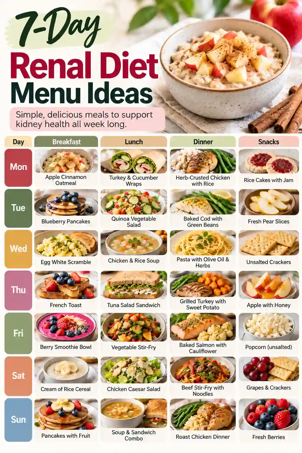 7-Day Renal Diet Menu Ideas infographic featuring kidney-friendly breakfast, lunch, dinner, and snack options for each day of the week, including oatmeal, pancakes, wraps, soups, chicken, fish, salads, rice dishes, fruit, and unsalted snacks.