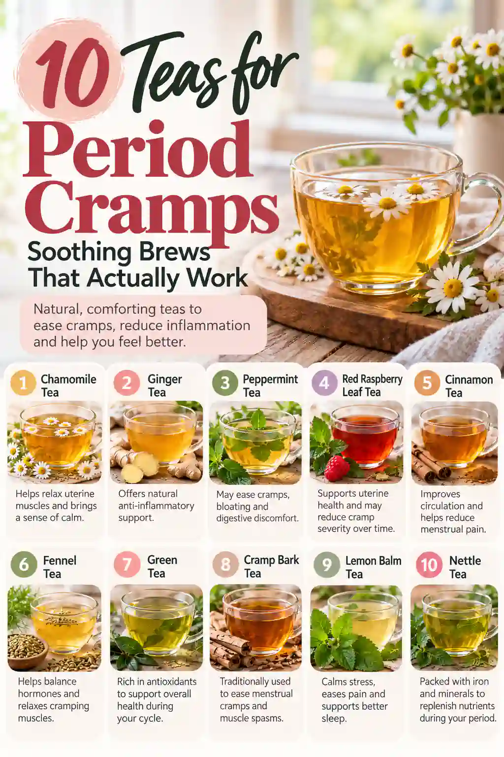 10 teas for period cramps, including chamomile, ginger, peppermint, red raspberry leaf, cinnamon, fennel, green tea, cramp bark, lemon balm, and nettle, presented in a clean Pinterest infographic with tea photos and a woman enjoying herbal tea.